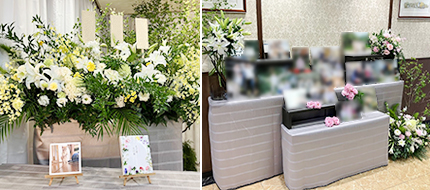 祭壇のまわりに季節の花々が咲いている空間