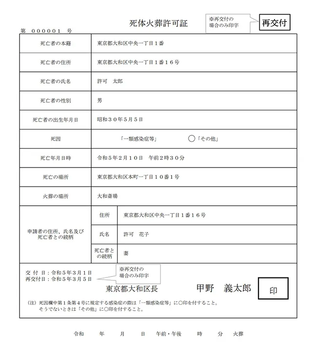 火葬許可証・埋葬許可証 画像例