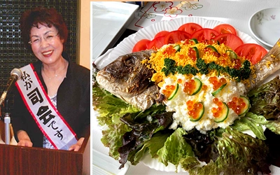 思い出の「鯛サラダ」と地域活動でのお母様のお写真