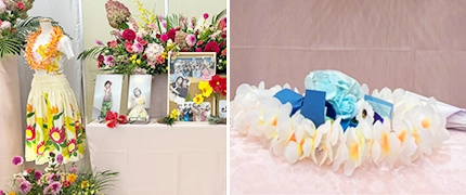 家族から「ありがとう」の思いを込めた青い薔薇を添えた祭壇